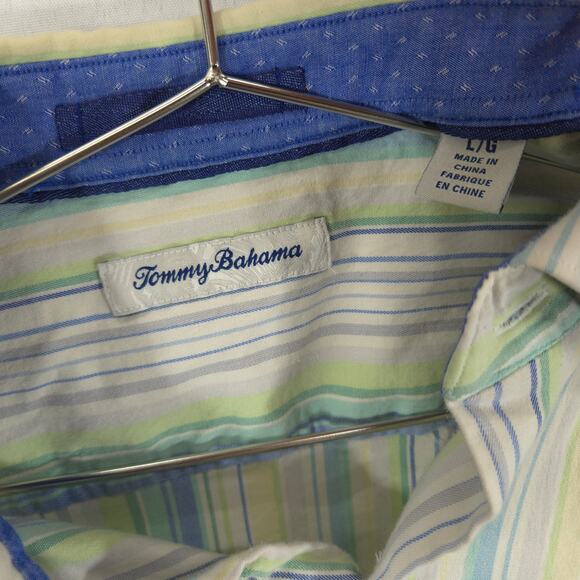 Tommy Bahama Shirt Mens Large Green Blue Striped Silk Blend Stretch Long Sleeve - Picture 7 of 8